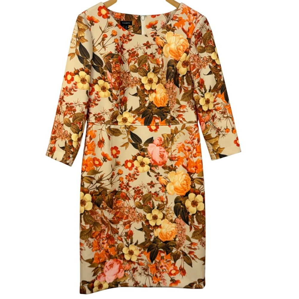 Talbots Golden Blossom Floral Print Sheath Dress 3/4 Sleeve Women Size 8‎